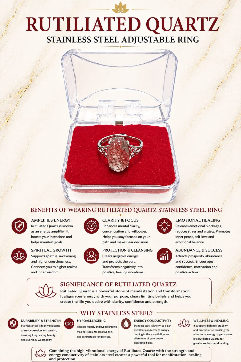 rutiliated quartz stainless steel ring